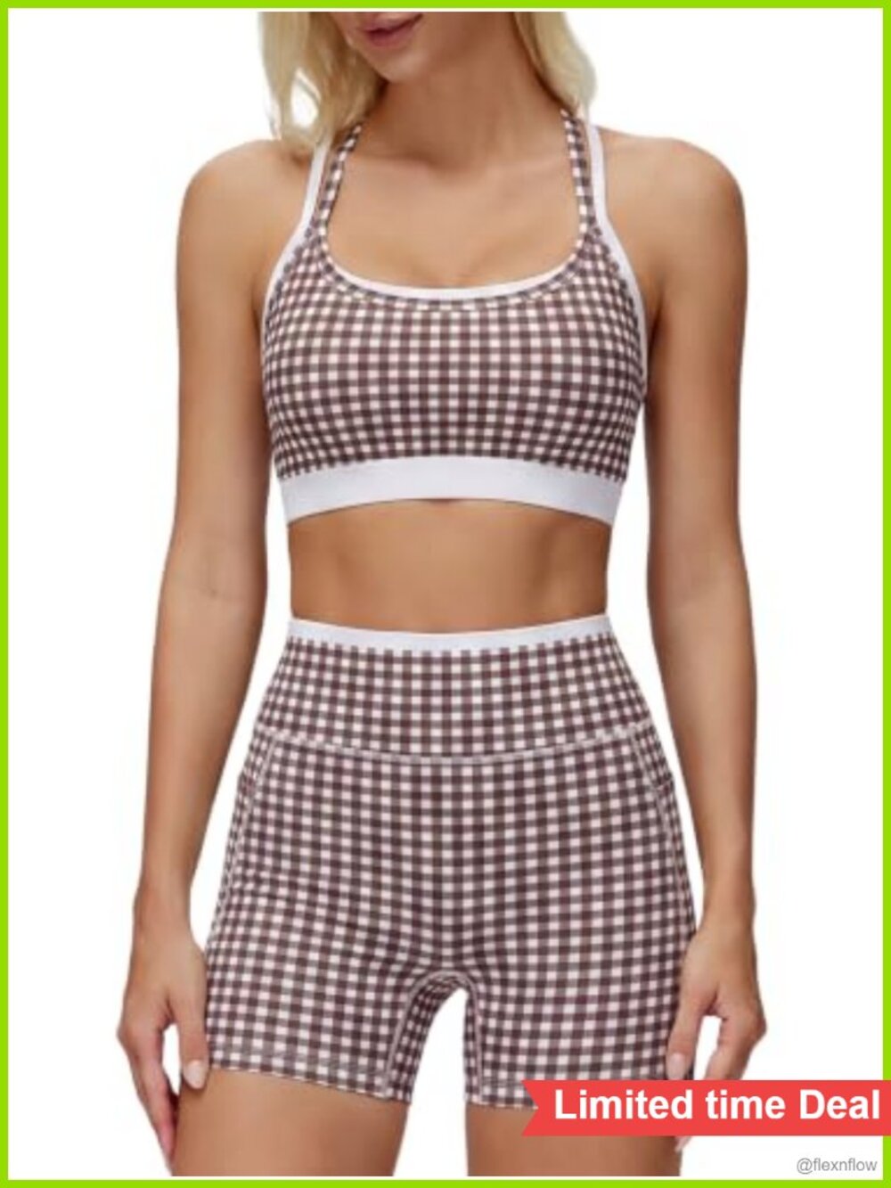 2 Piece Gingham Workout Set Layered Sports Bra High Waist Shorts